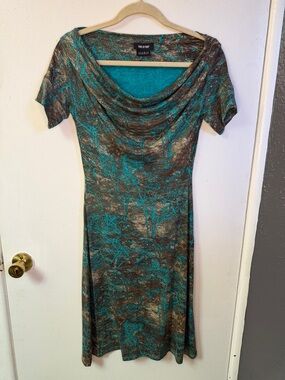 Isabel de Pedro Teal and Brown Marble-Print Cowl-Neck Midi Dress